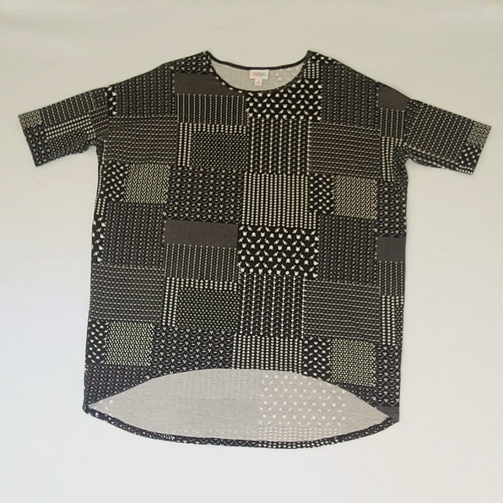 LuLaRoe High Low Tunic Top Black White Geographic Print Stretch Comfort Casual